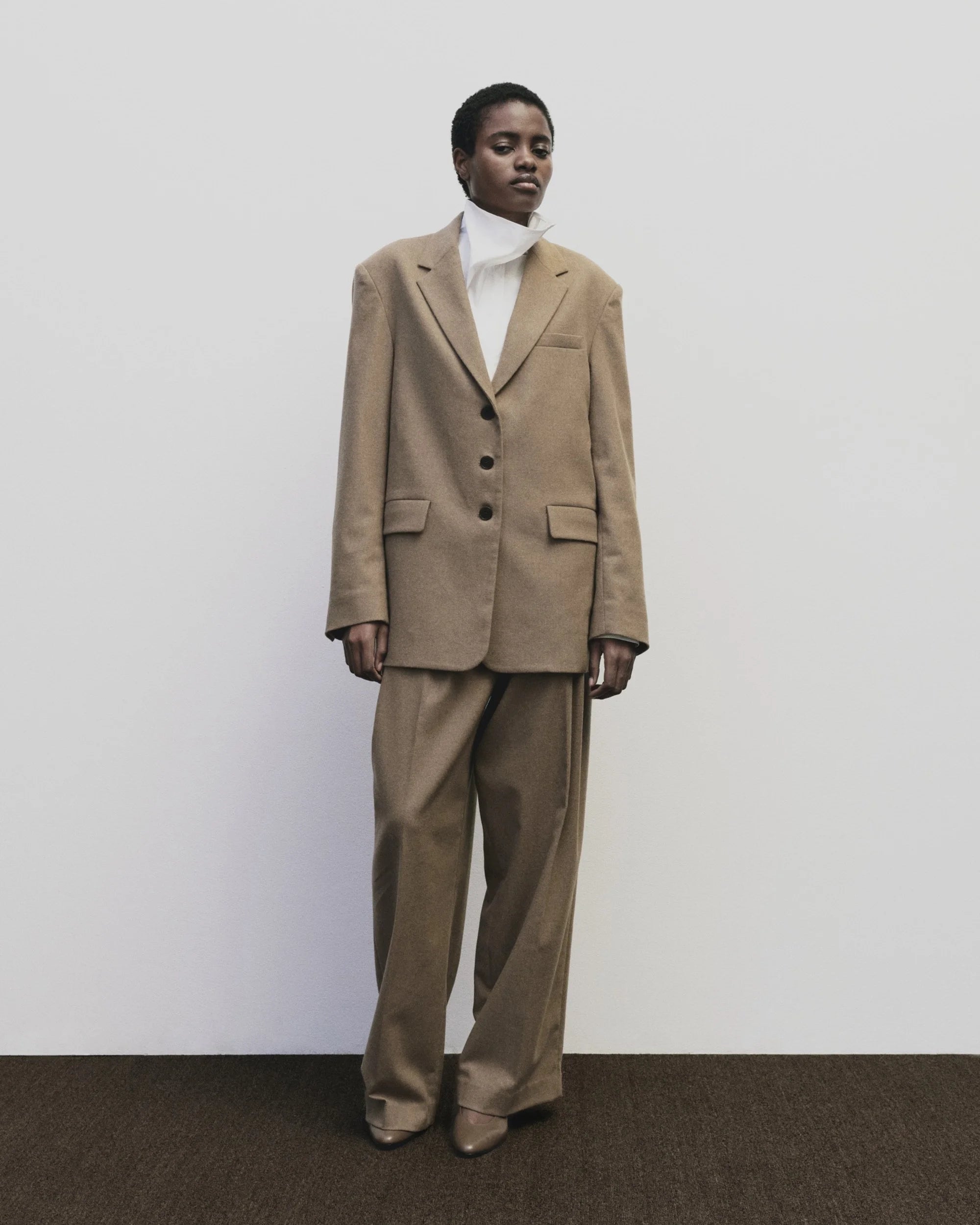 Mijeong Park mid rise wool blend elastic back wide leg trousers pants tan camel | Pipe and Row Seattle Boutique