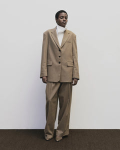 Mijeong Park mid rise wool blend elastic back wide leg trousers pants tan camel | Pipe and Row Seattle Boutique