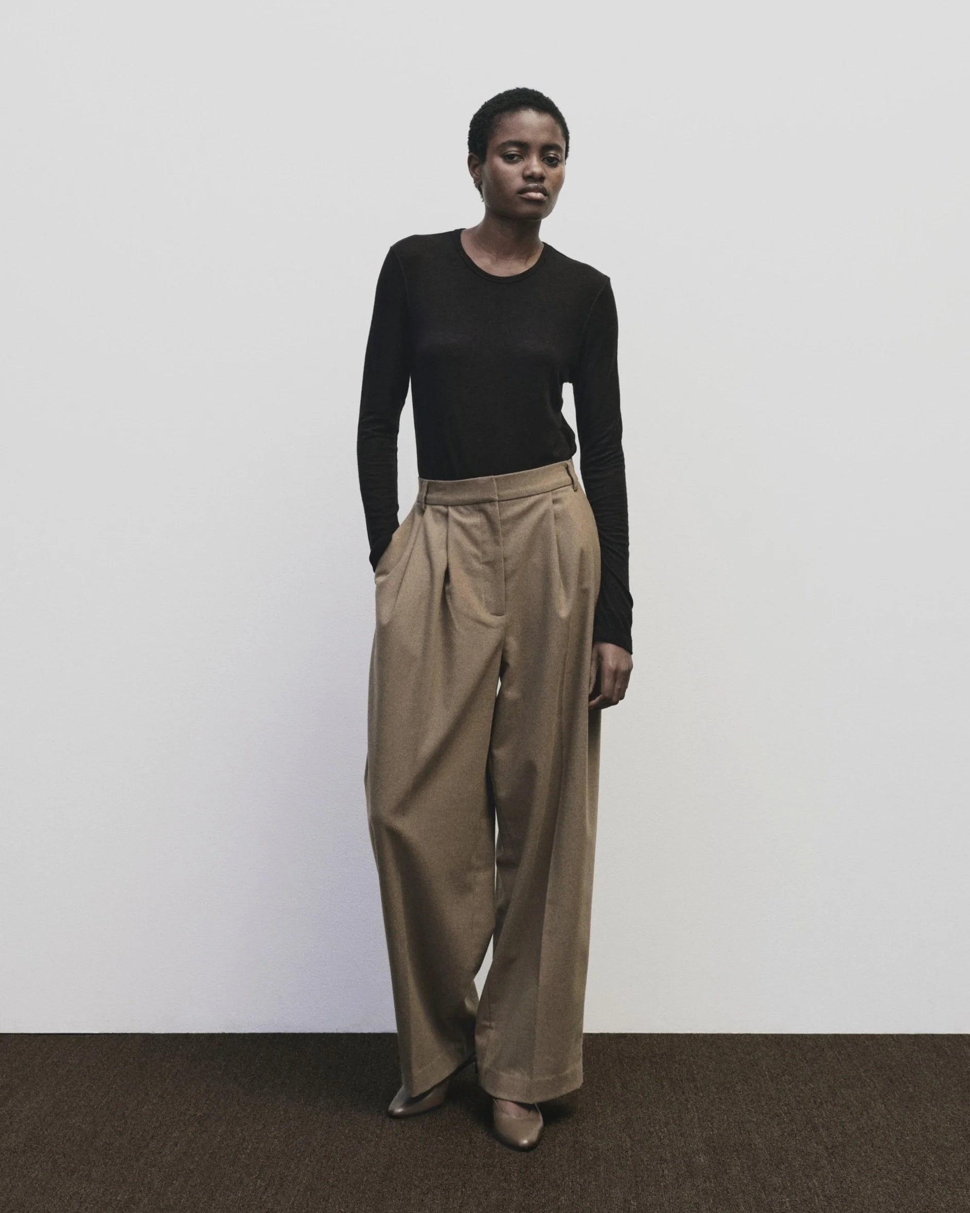 Mijeong Park mid rise wool blend wide leg trousers camel | Pipe and Row