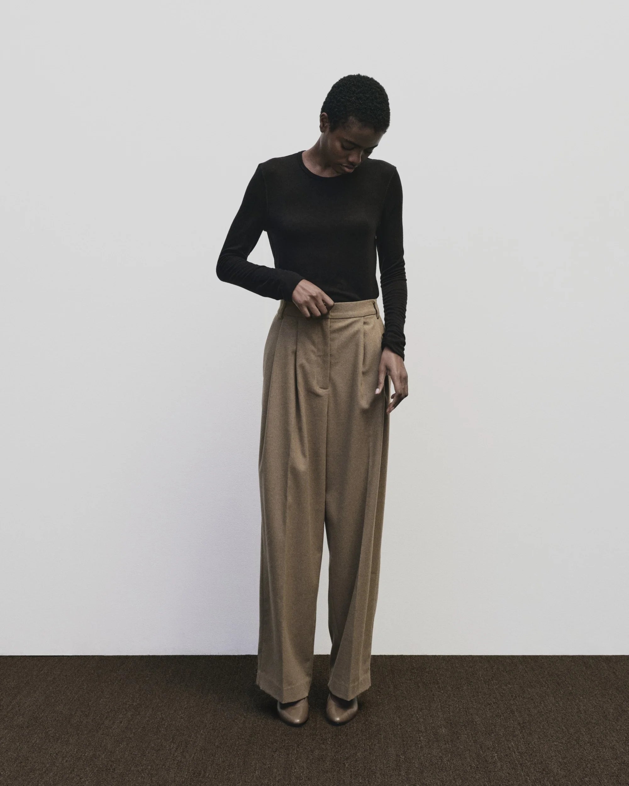 Mijeong Park mid rise wool blend wide leg trousers camel | Pipe and Row Seattle