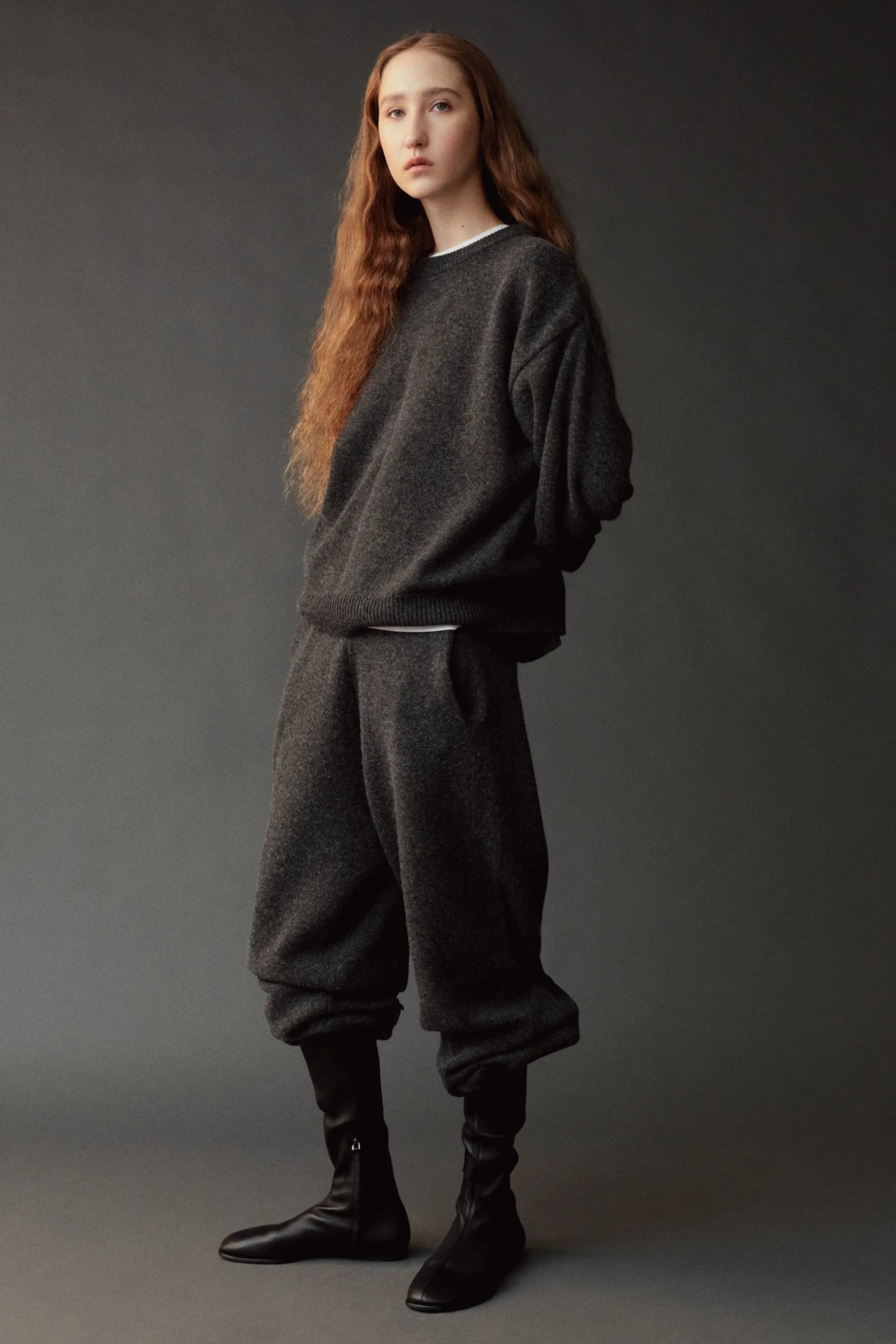 Mijeong Park oversized crew neck sweater charcoal grey. PIPE AND ROW