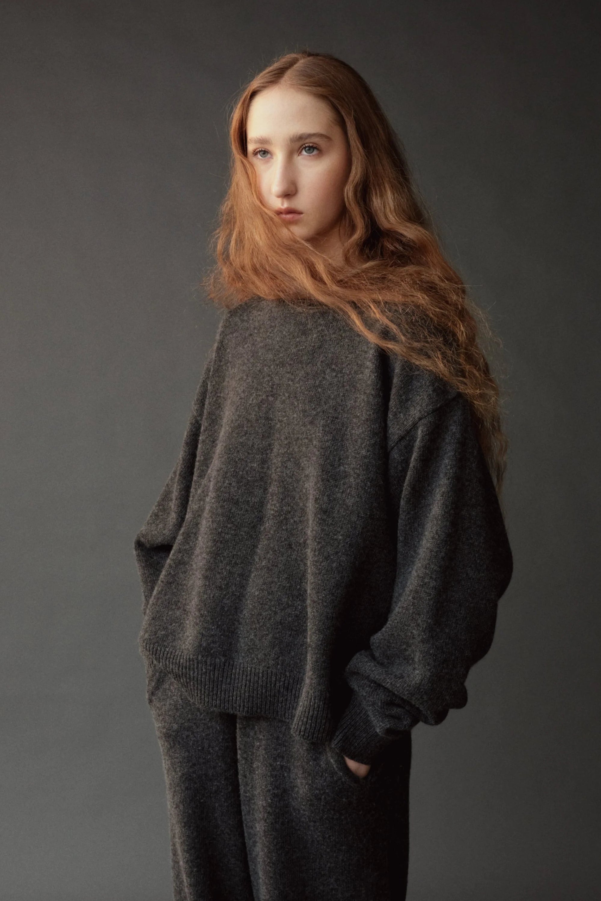 Mijeong Park oversized crew neck sweater charcoal grey. PIPE AND ROW