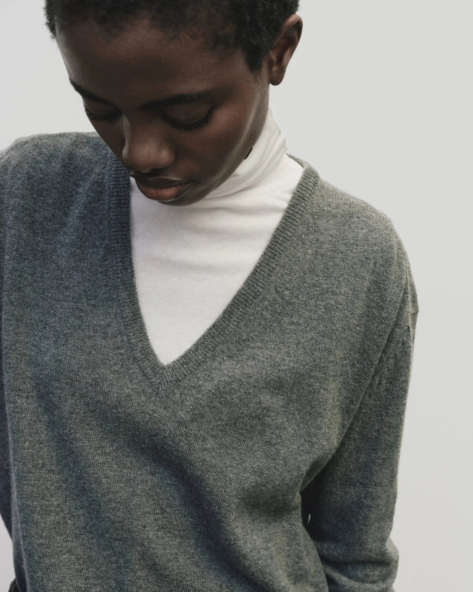 Mijeong Park relaxed fit cashmere v-neck knit sweater heather gray | Pipe and Row