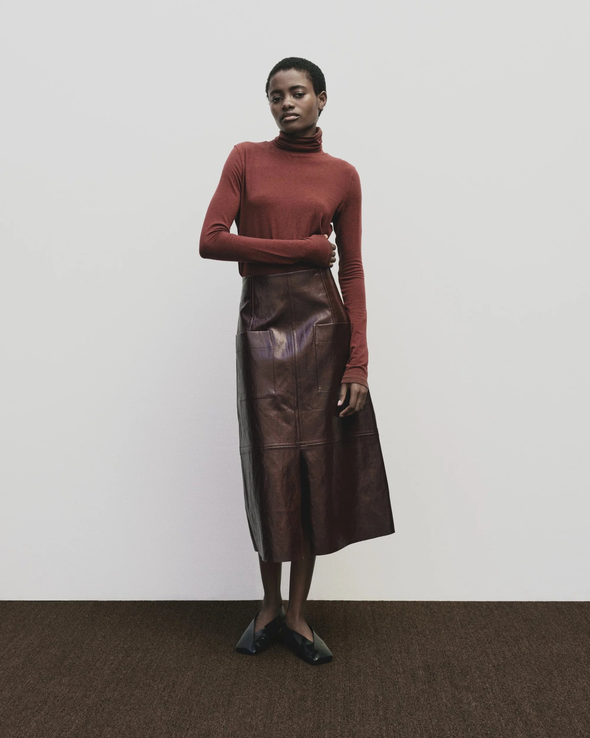Mijeong Park roll neck jersey top in burgundy red |  PIPE AND ROW