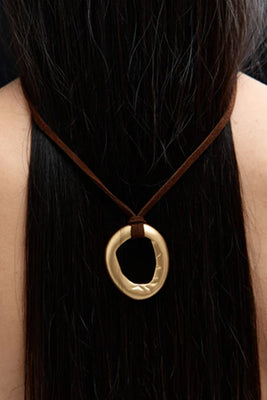 Heaven Mayhem mini necklace gold circular pendant rich brown cord | Pipe and Row