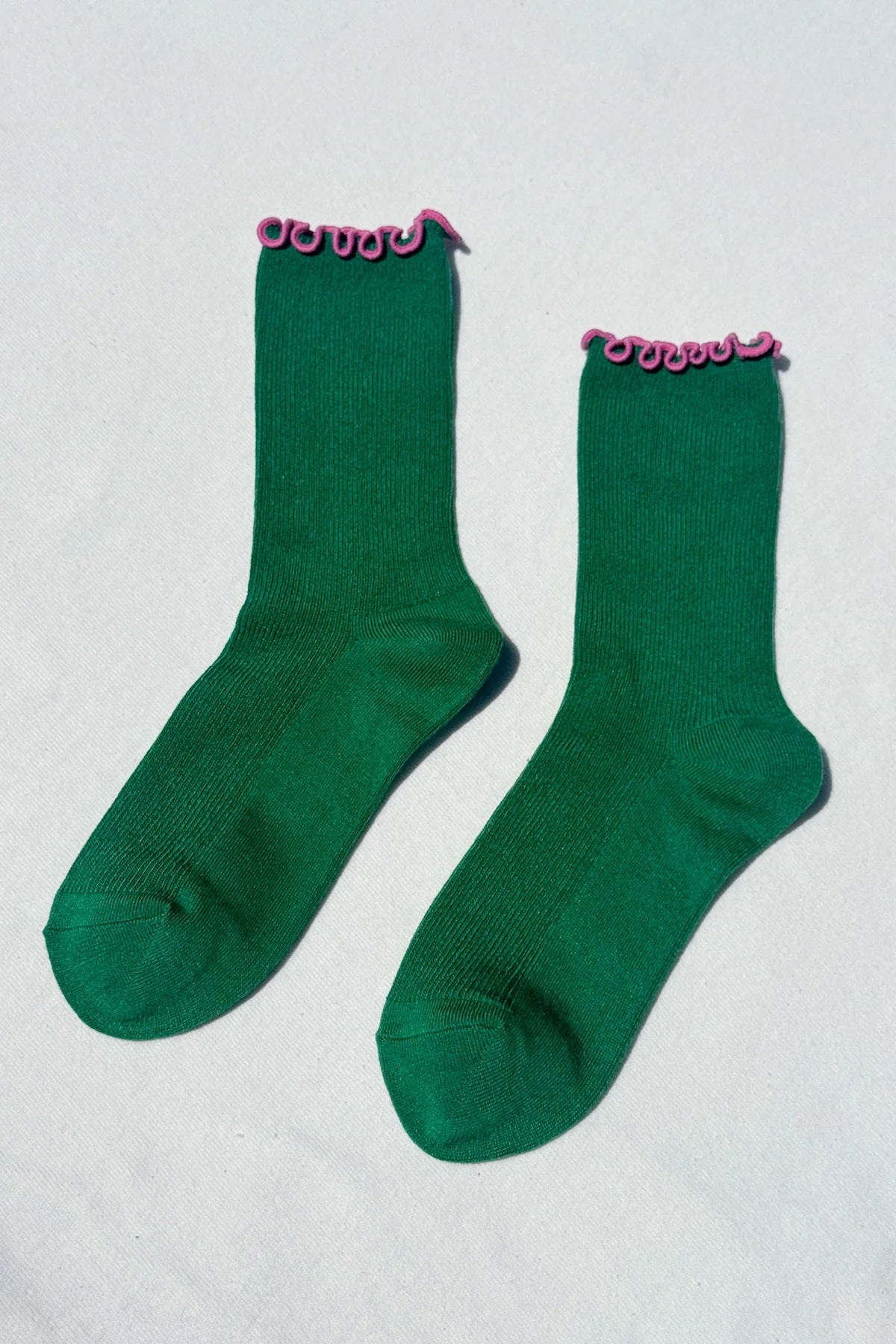 Noble x Le Bon Shoppe collab ruffled modal socks spinach green pink | Pipe and Row