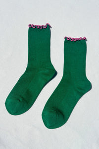 Noble x Le Bon Shoppe collab ruffled modal socks spinach green pink | Pipe and Row