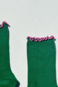 Noble x Le Bon Shoppe collab ruffled modal socks spinach green pink | Pipe and Row