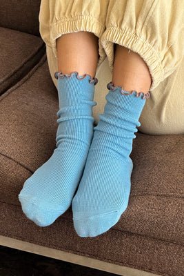 Noble x Le Bon Shoppe ruffled modal socks powder blue brown | Pipe and Row