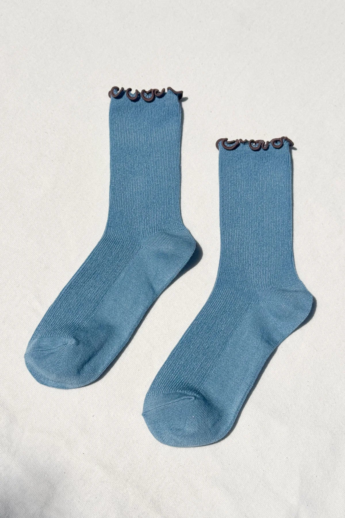 Noble x Le Bon Shoppe ruffled modal socks powder blue brown | Pipe and Row