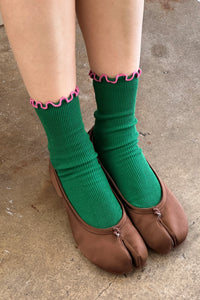 Noble x Le Bon Shoppe ruffled ribbed modal socks spinach green pink | Pipe and Row