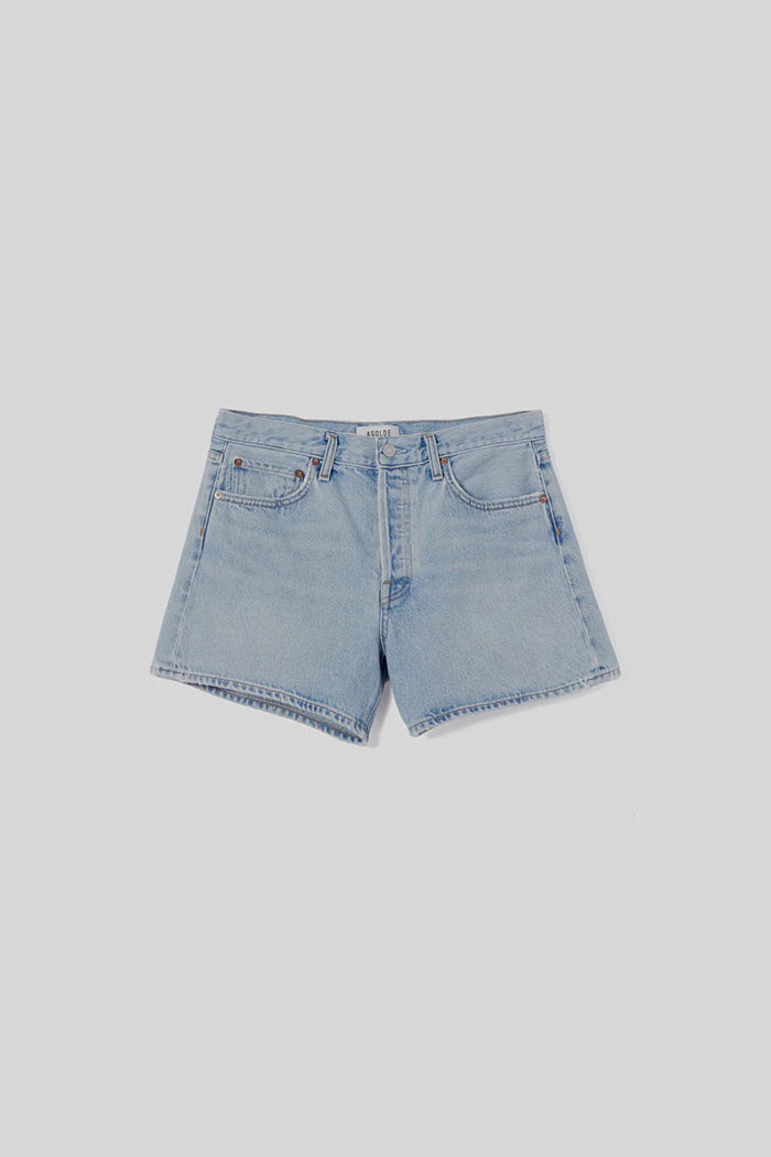 Agolde Parker long jean shorts feud light blue indigo wash | pipe and row