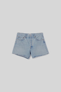 Agolde Parker long jean shorts feud light blue indigo wash | pipe and row