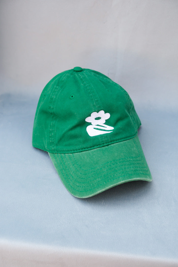 Pipe and Row kelly green hat embroidered white flower "P&R" back | PIPE AND ROW