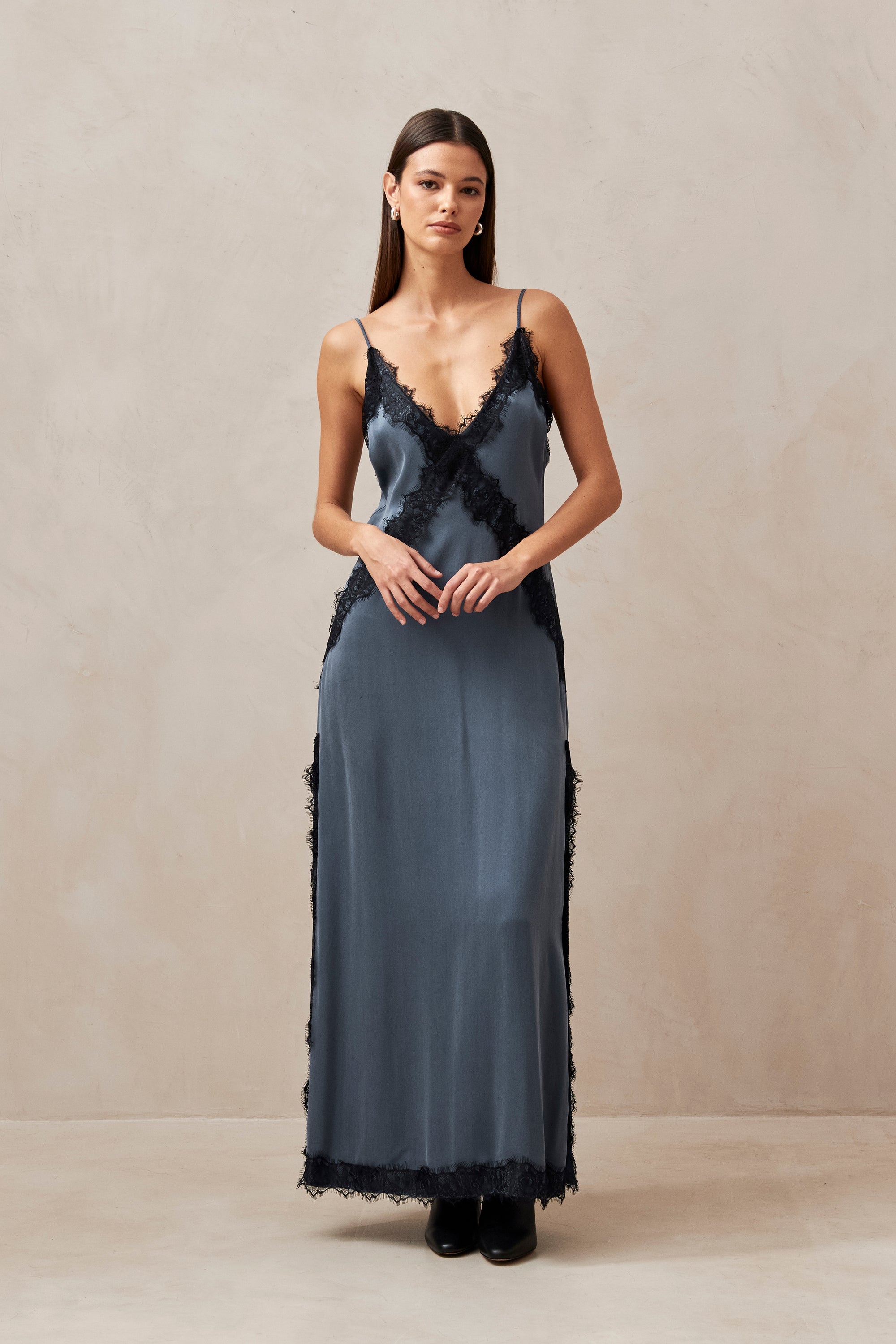 Alohas Afternoon silky lace maxi slip dress blue grey PIPE AND ROW