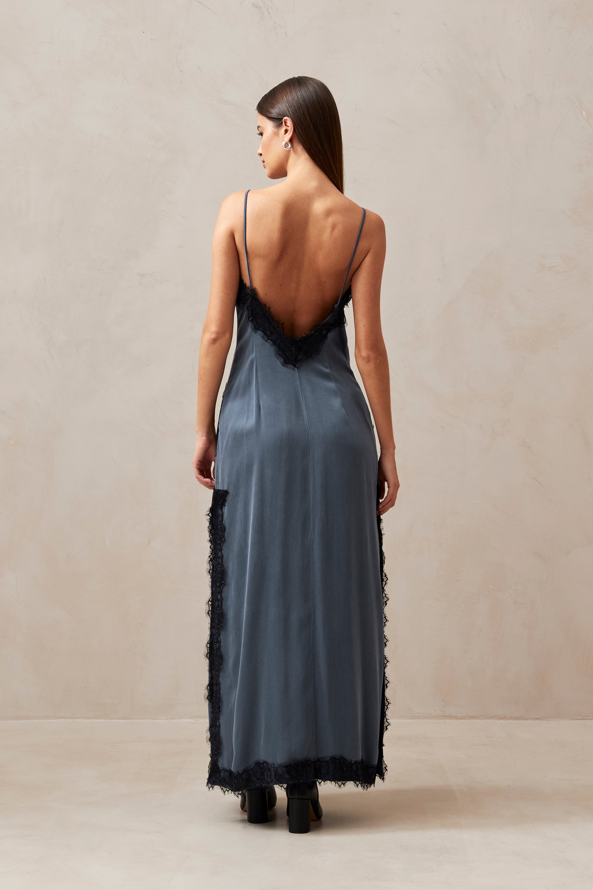 Alohas Afternoon silky lace maxi slip dress blue grey PIPE AND ROW