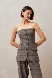 Alohas Deva strapless tube top button up "vest" in suiting material brown check PIPE AND ROW