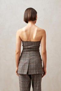 Alohas Deva strapless tube top button up "vest" in suiting material brown check PIPE AND ROW