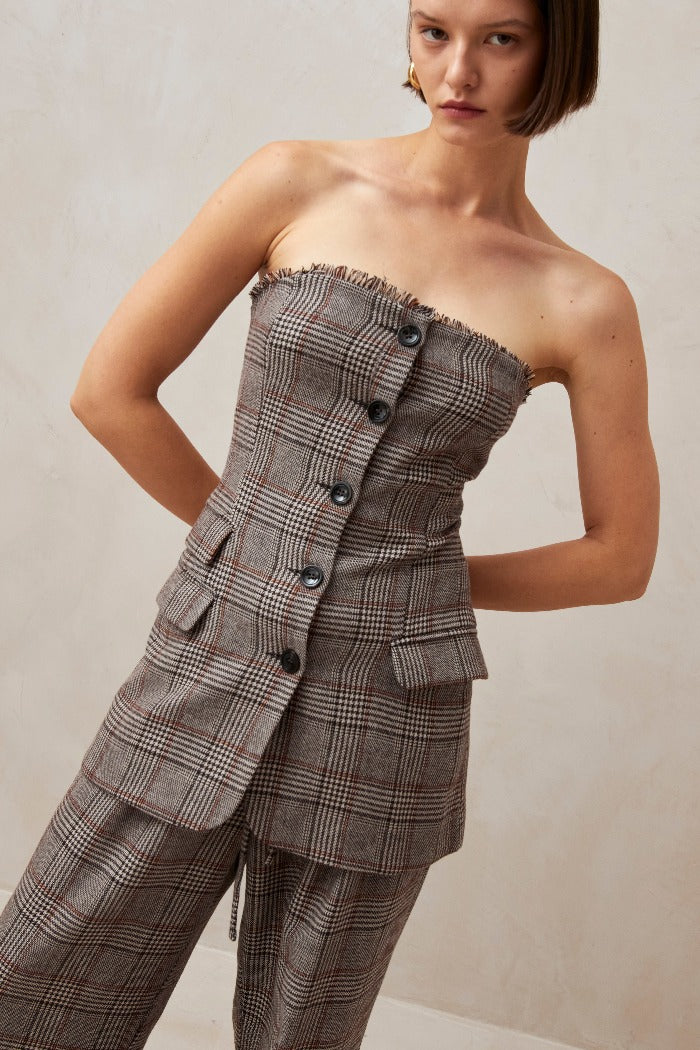 Alohas Deva strapless tube top button up "vest" in suiting material brown check PIPE AND ROW