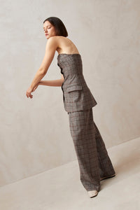 Alohas Deva strapless tube top button up "vest" in suiting material brown check PIPE AND ROW