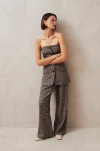 Alohas Deva strapless tube top button up "vest" in suiting material brown check PIPE AND ROW