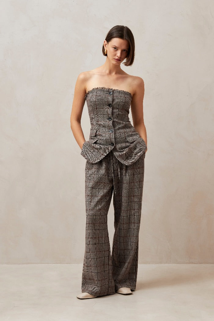 Alohas Deva strapless tube top button up "vest" in suiting material brown check PIPE AND ROW