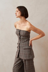 Alohas Deva strapless tube top button up "vest" in suiting material brown check PIPE AND ROW