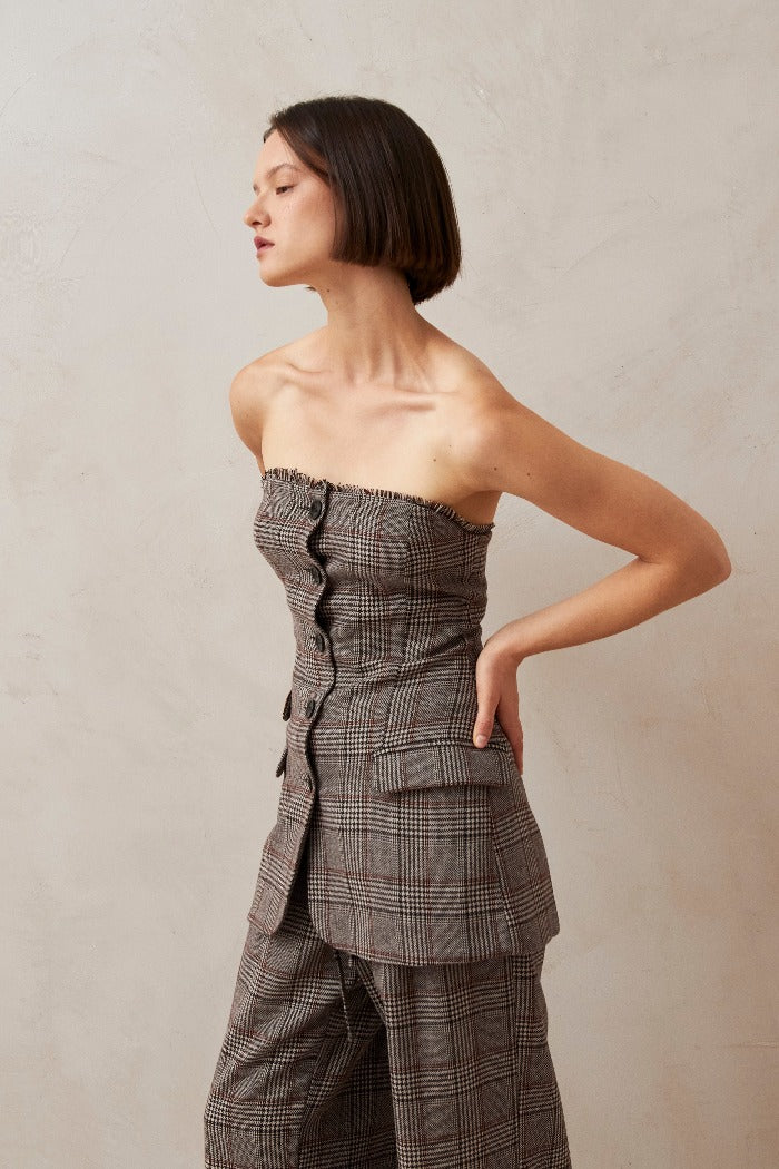 Alohas Deva strapless tube top button up "vest" in suiting material brown check PIPE AND ROW