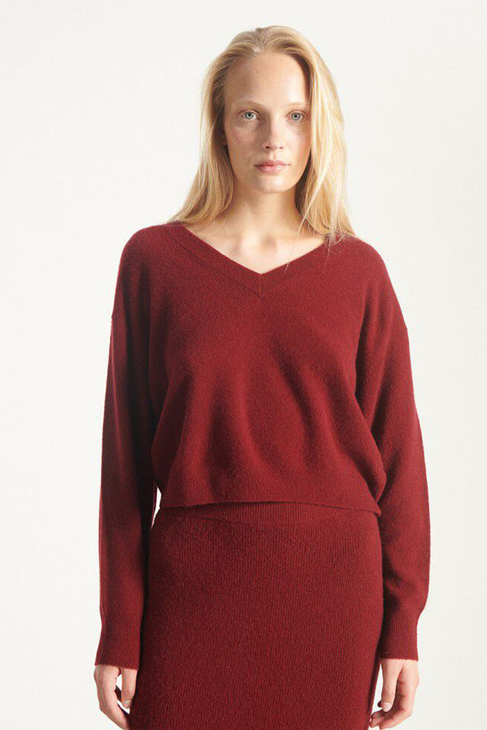 American Vintage Rax v-neck sweater dark red cherry tree red | Pipe and Row