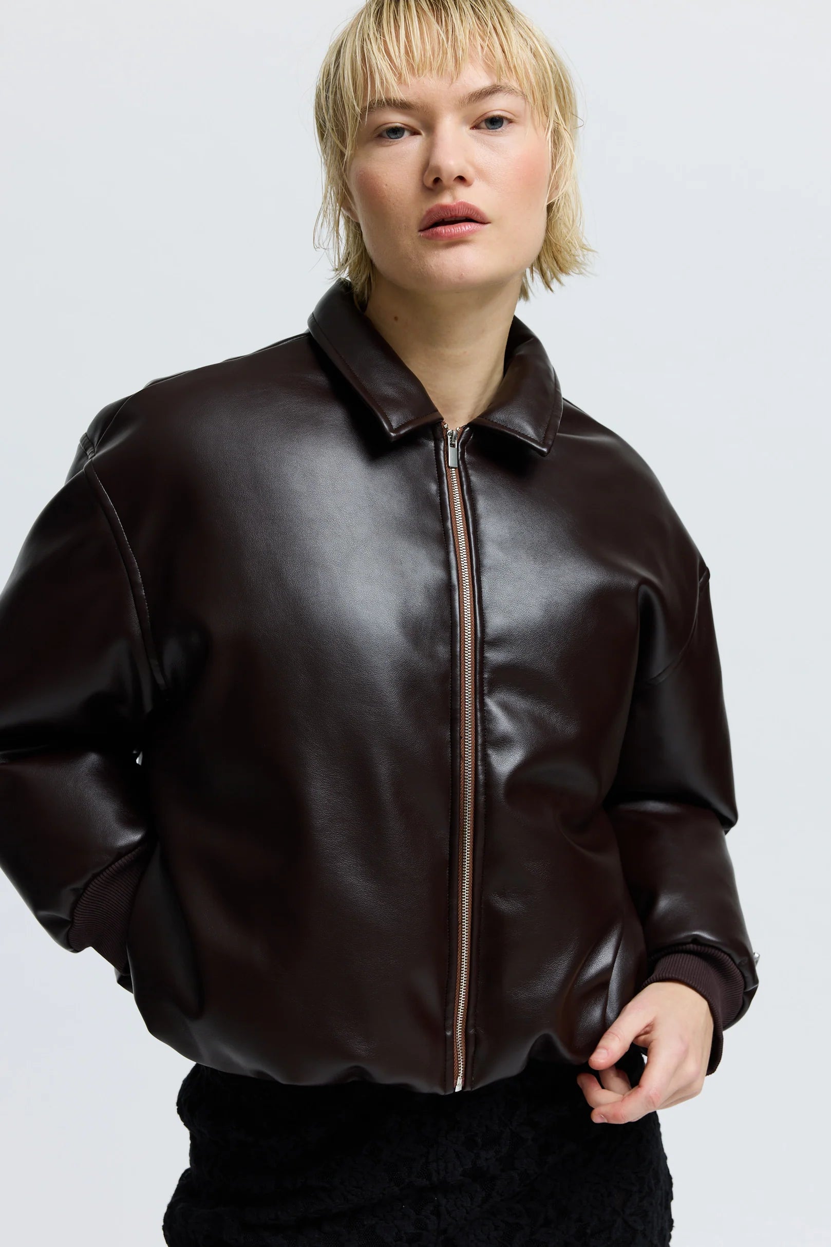 Resume Hira puffer jacket faux leather dark brown zip | Pipe and Row