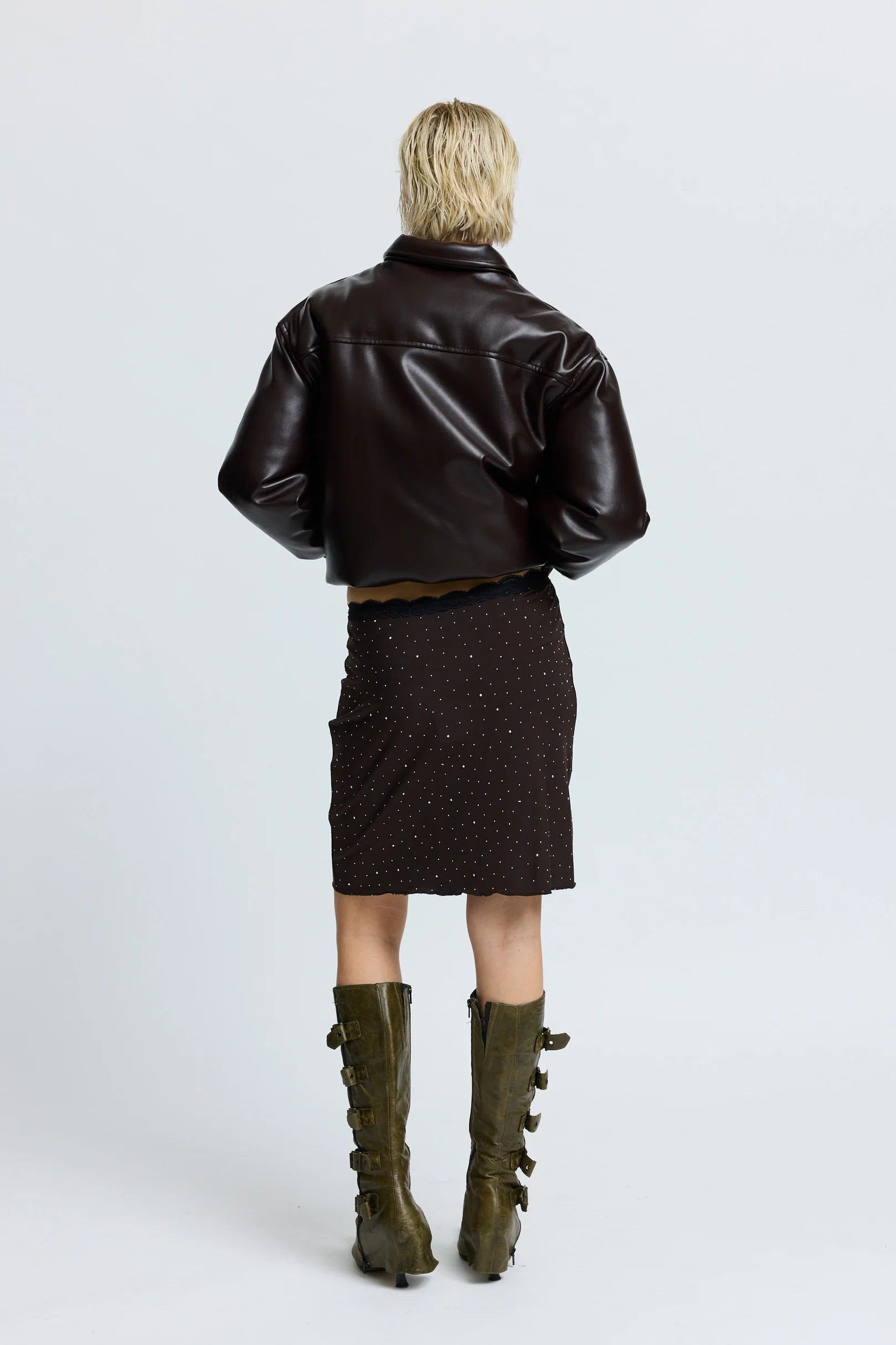 Resume cropped Hira puffer jacket faux leather dark brown zip | Pipe and Row Seattle