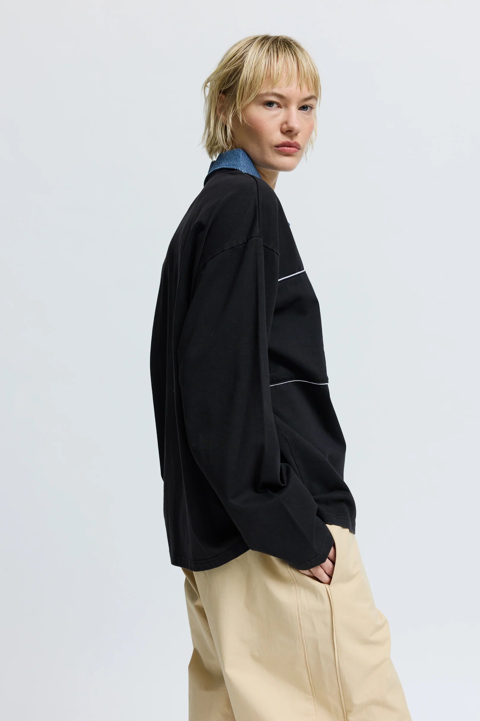 Resume oversized Hendrix long sleeve polo t-shirt black denim | Pipe and Row Seattle