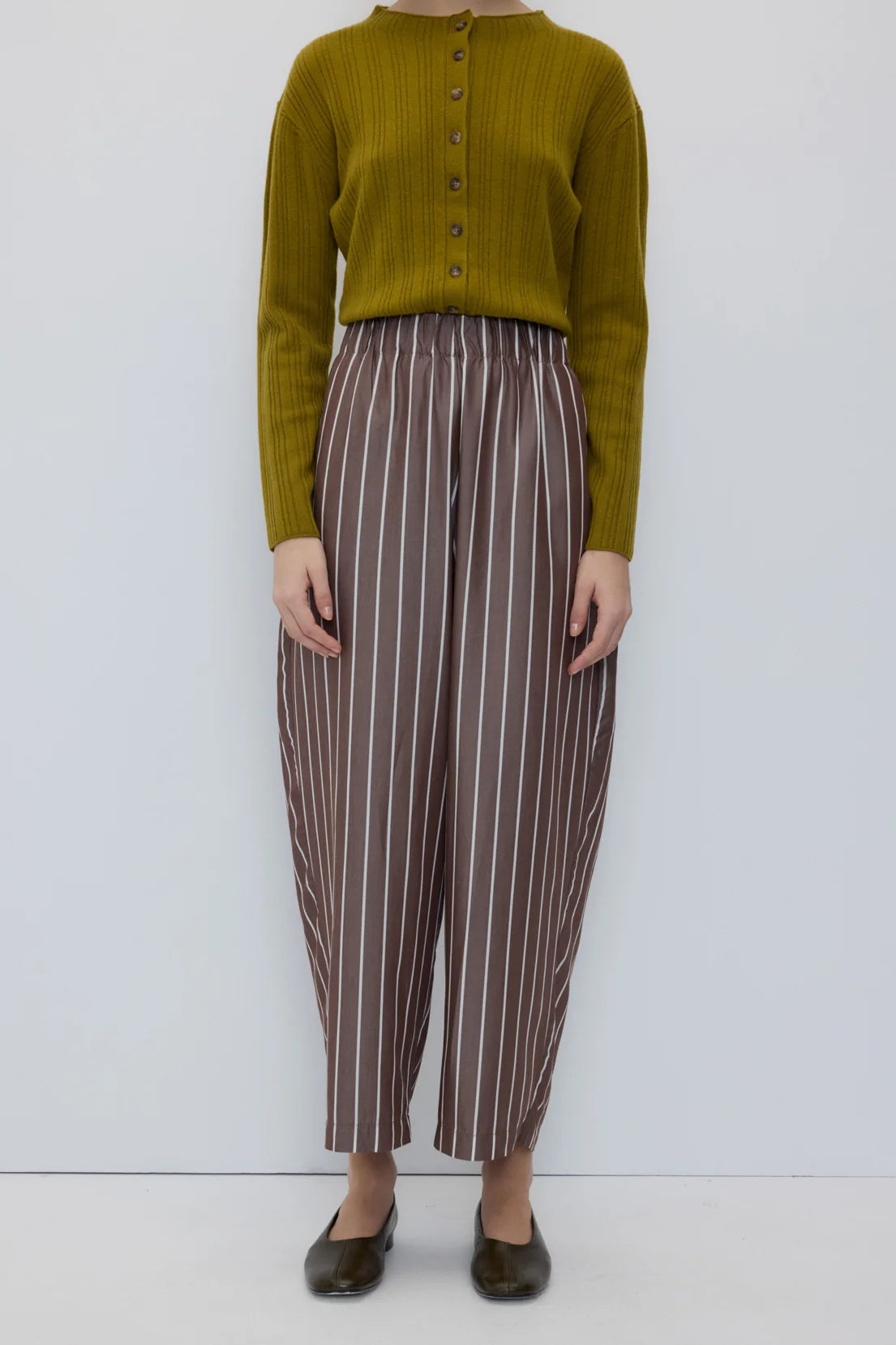 Rita Row Turin brown white striped Tencel barrel leg trouser pants | Pipe and Row