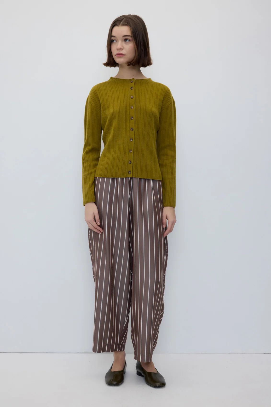 Rita Row Turin brown white striped Tencel barrel leg trouser pants | Pipe and Row