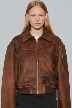 Oval Square Rocky leather bomber used brown leather worn effect | Pipe and Row