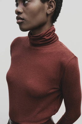 Mijeong Park roll neck jersey top in burgundy red |  PIPE AND ROW