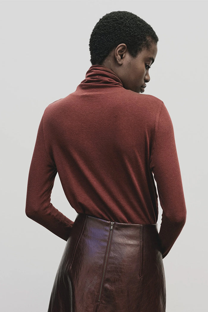 Mijeong Park roll neck jersey top in burgundy red |  PIPE AND ROW