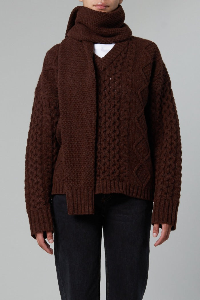 Still Here Minnesota chocolate brown wool v-neck sweater built in scarf | Pipe and Row