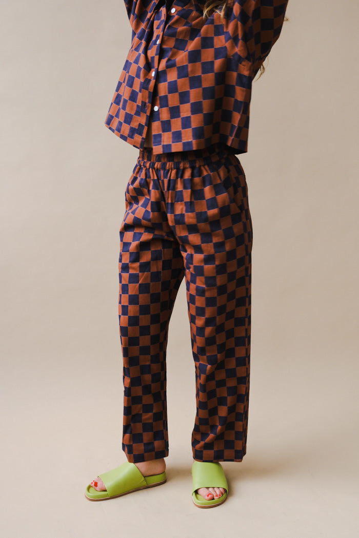 Dushyant Seema trouser pants hand printed chocolate chessboard print | Pipe and Row