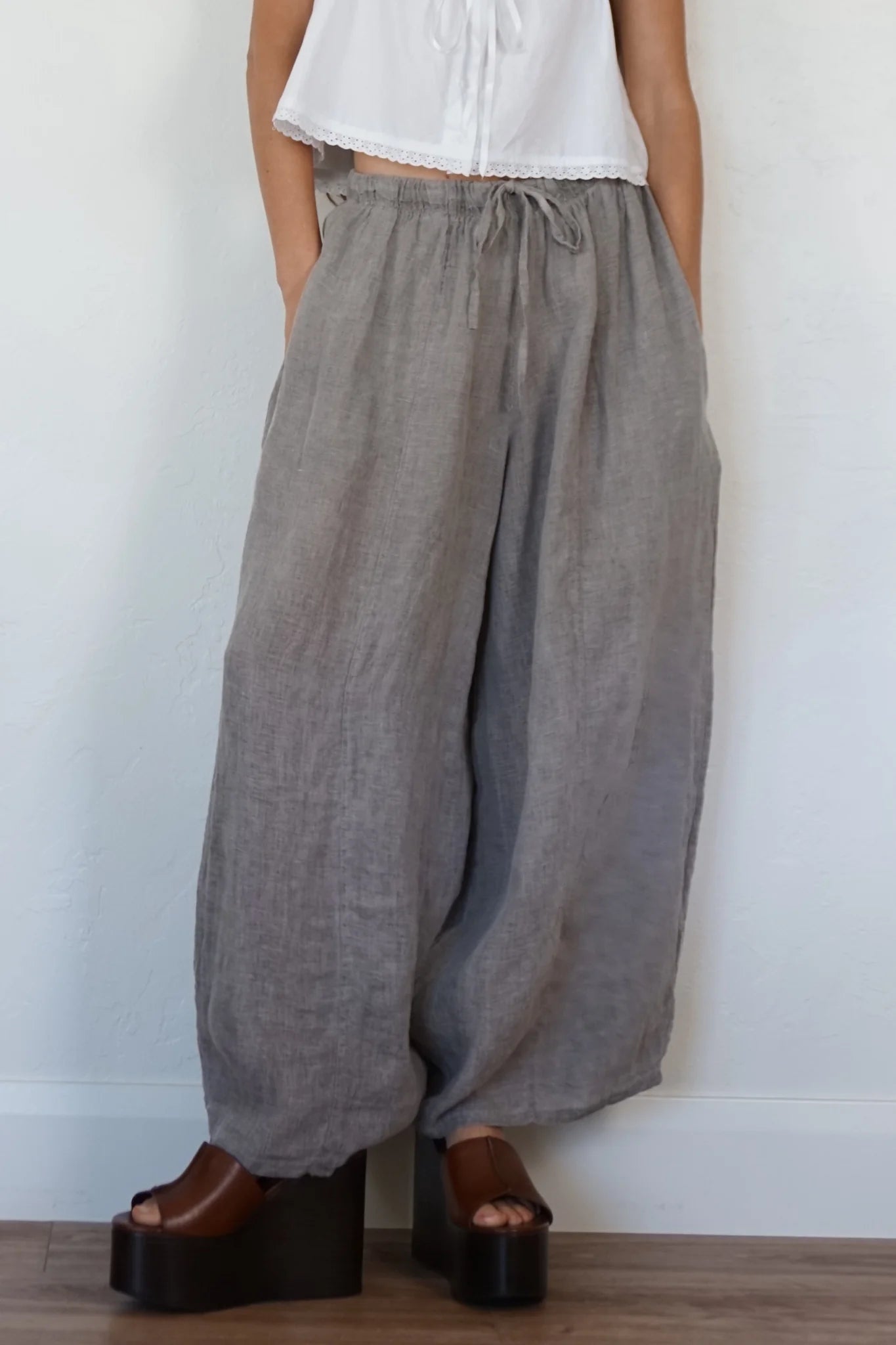 Shani barrel leg linen chloe pant taupe drawstring PIPE AND ROW