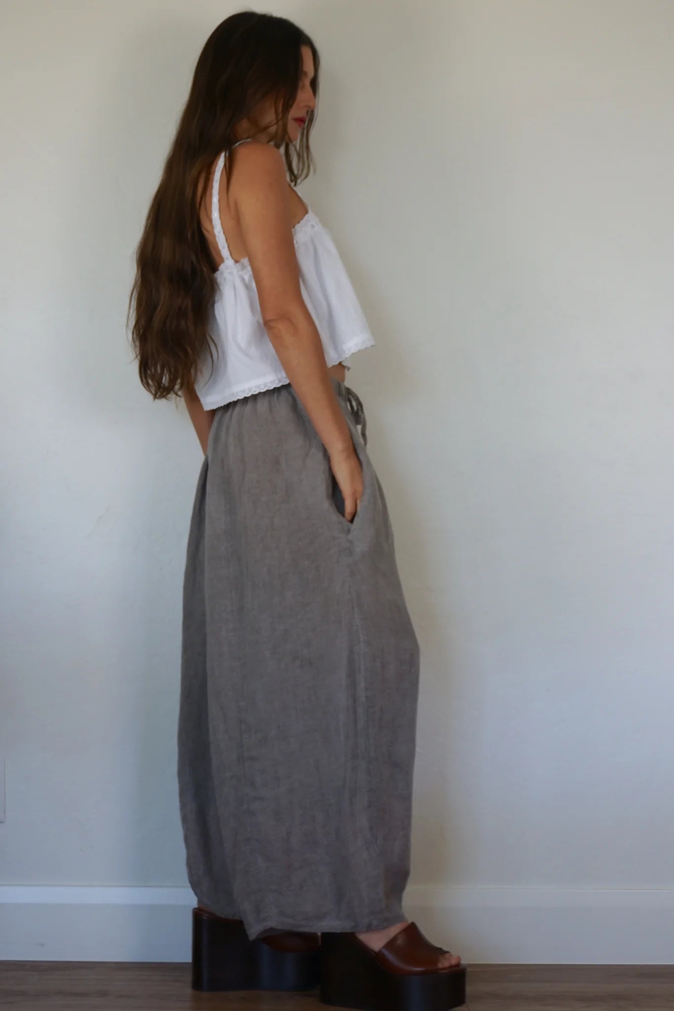 Shani barrel leg linen chloe pant taupe drawstring PIPE AND ROW