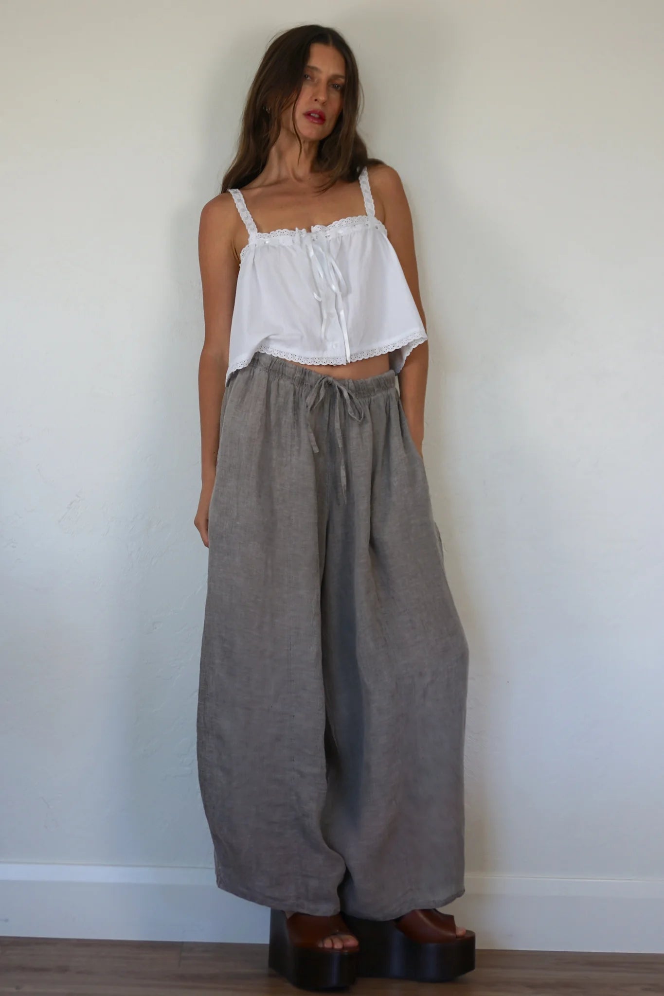 Shani barrel leg linen chloe pant taupe drawstring PIPE AND ROW Seattle boutique