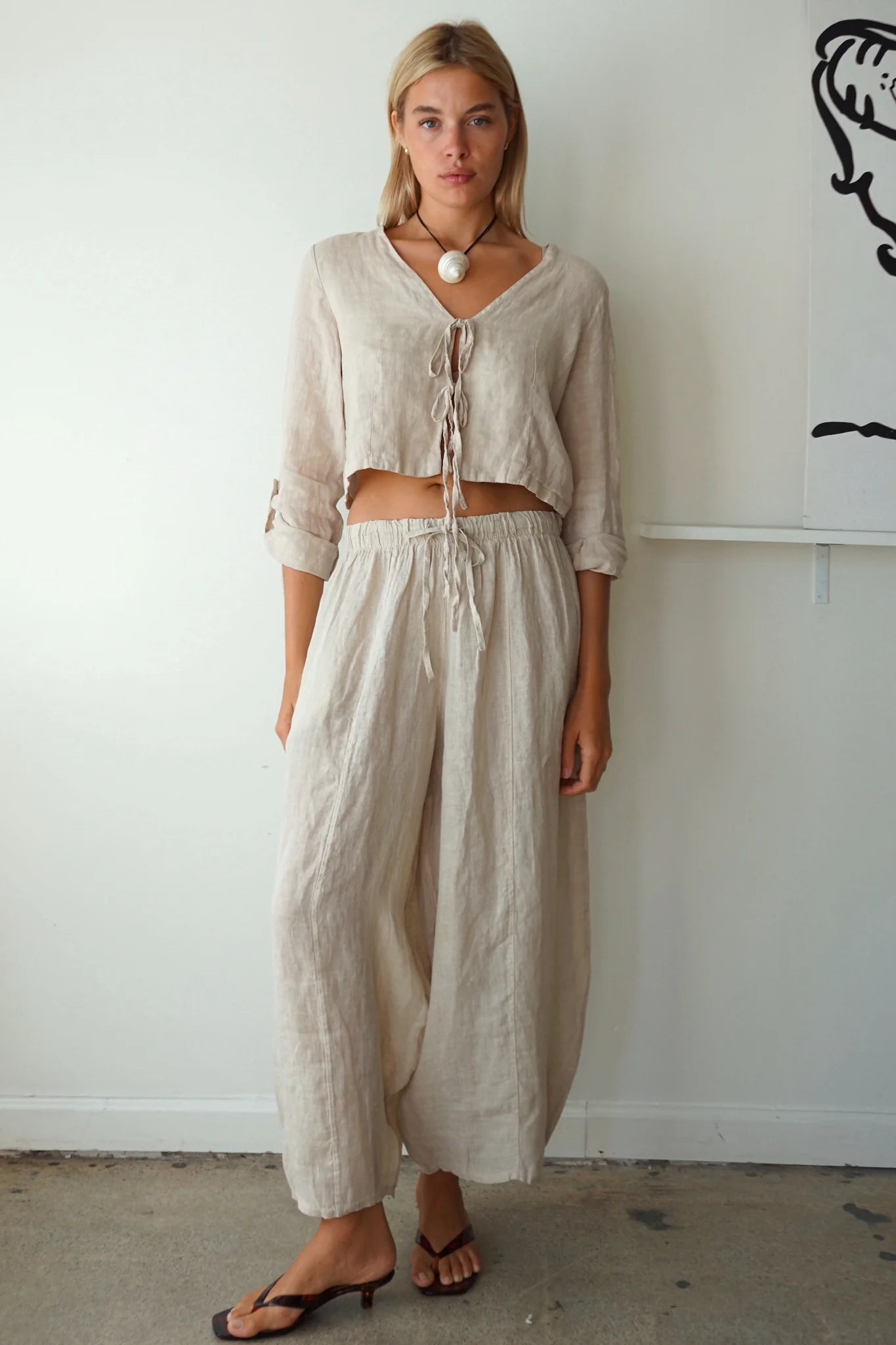 Shani wide barrel leg linen chloe pant tan off white beige | Pipe and row