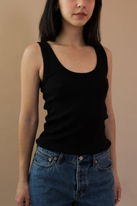 Soldout.NYC ribbed scoop it up tank top in black. 1038 PIPE AND ROW