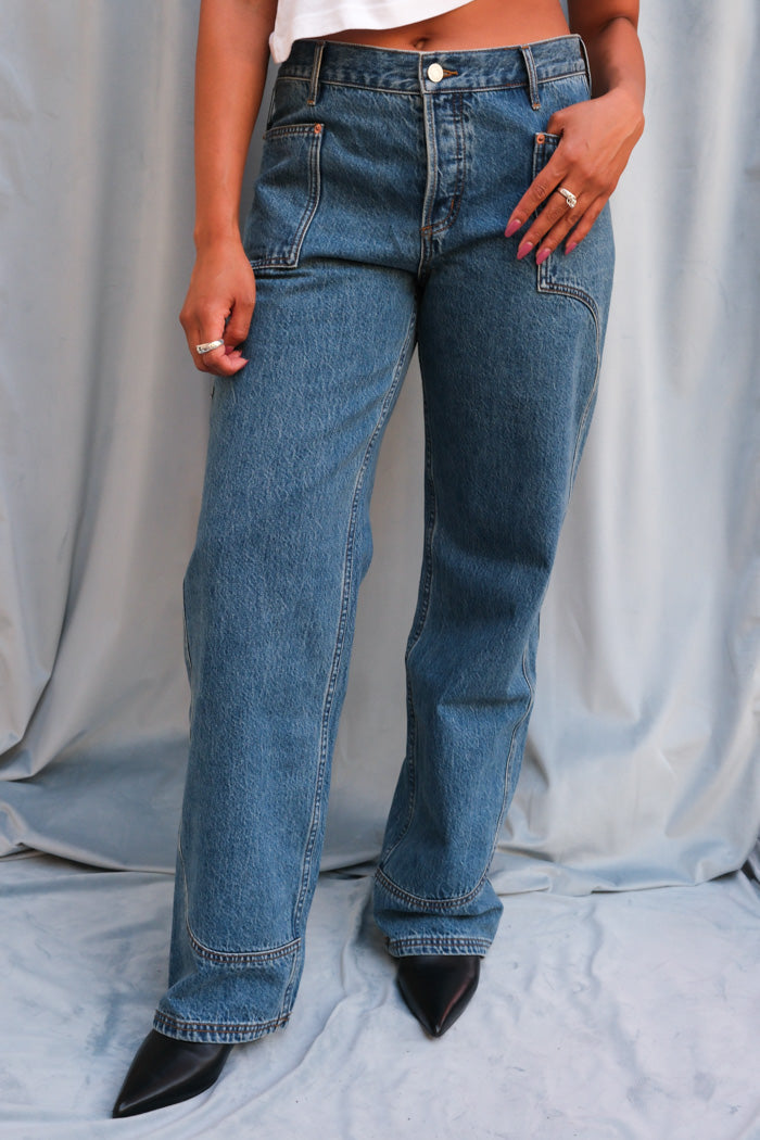 Still Here Supply jean classic blue utilitarian straight leg mid rise | Pipe and Row