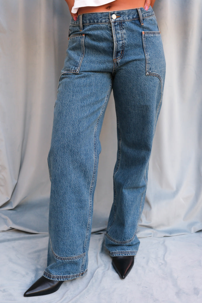 Still Here Supply jean classic blue utilitarian straight leg mid rise | Pipe and Row