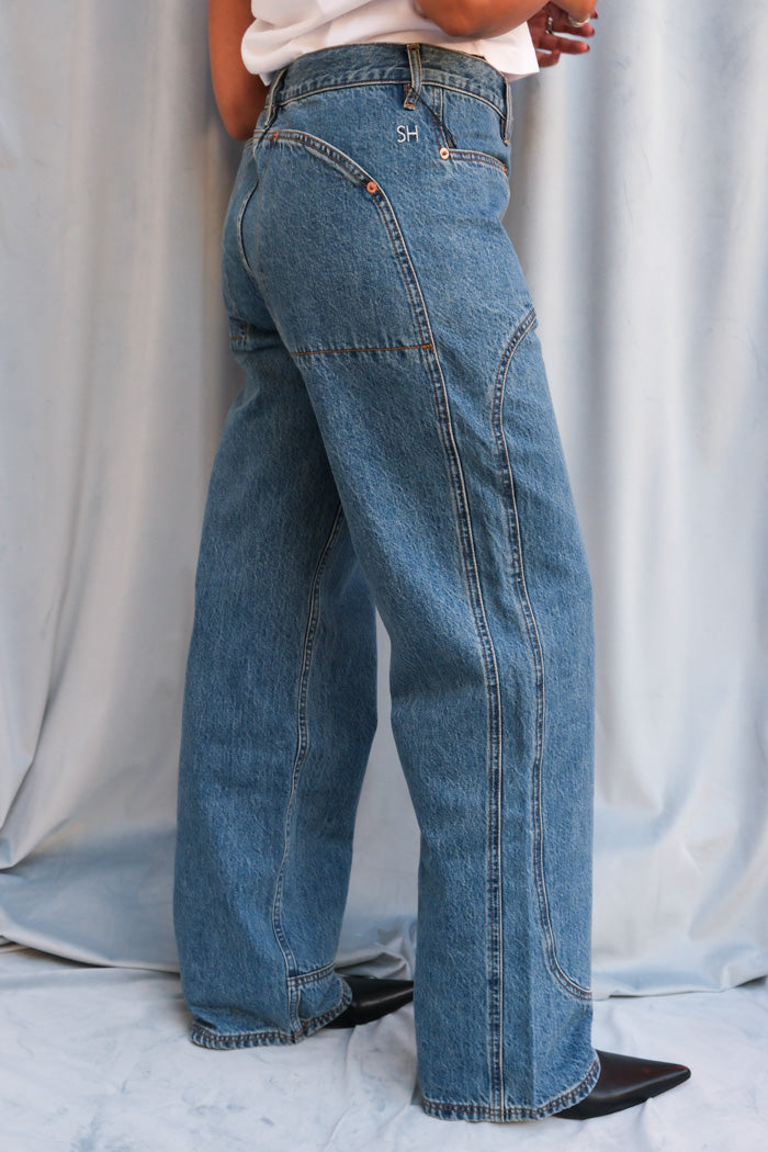 Still Here Supply jean classic blue utilitarian straight leg mid rise classic blue | Pipe and Row