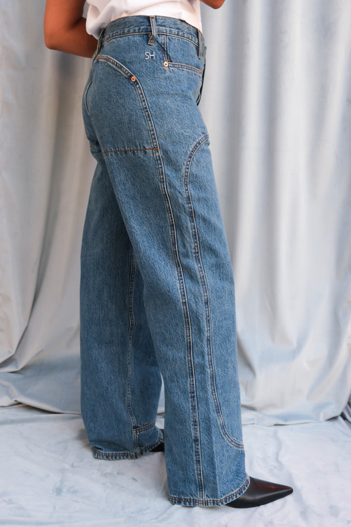 Still Here Supply jean classic blue utilitarian straight leg mid rise | Pipe and Row