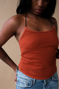 Still Here Toggle halter tank burnt orange denim SHT-TOGTNK-BO PIPE AND ROW