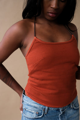 Still Here Toggle halter tank burnt orange denim SHT-TOGTNK-BO PIPE AND ROW